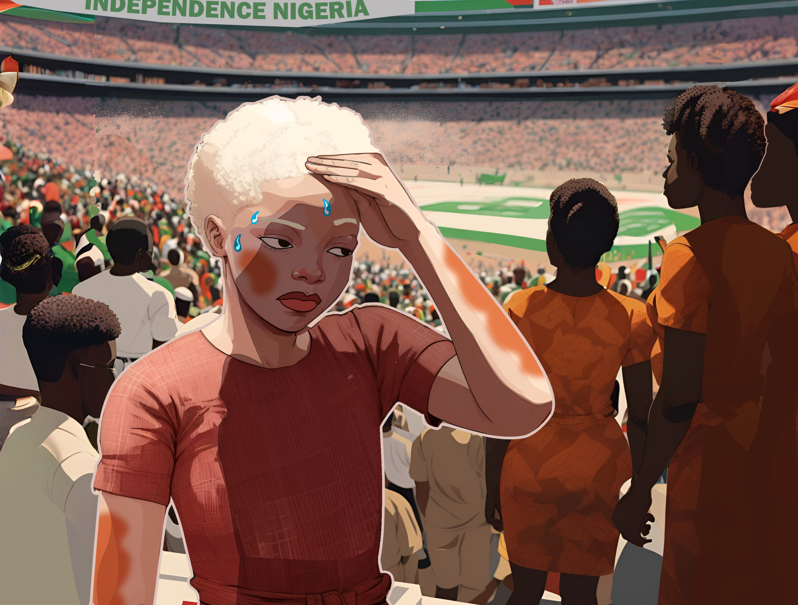 An illustration of young Nnene at the stadium during the Nigerian independence day celebration, uncomfortable in the heat of the afternoon sun