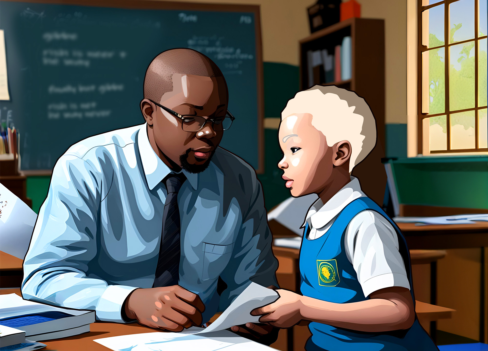 In a primary school classroom, a helpful teacher gives young Nnene his study notes