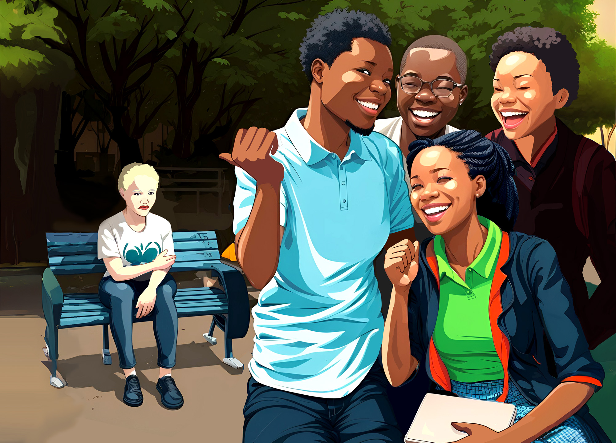 Illustration: A Nigerian unversity campus. Nnene sits alone while a group of students laugh at her