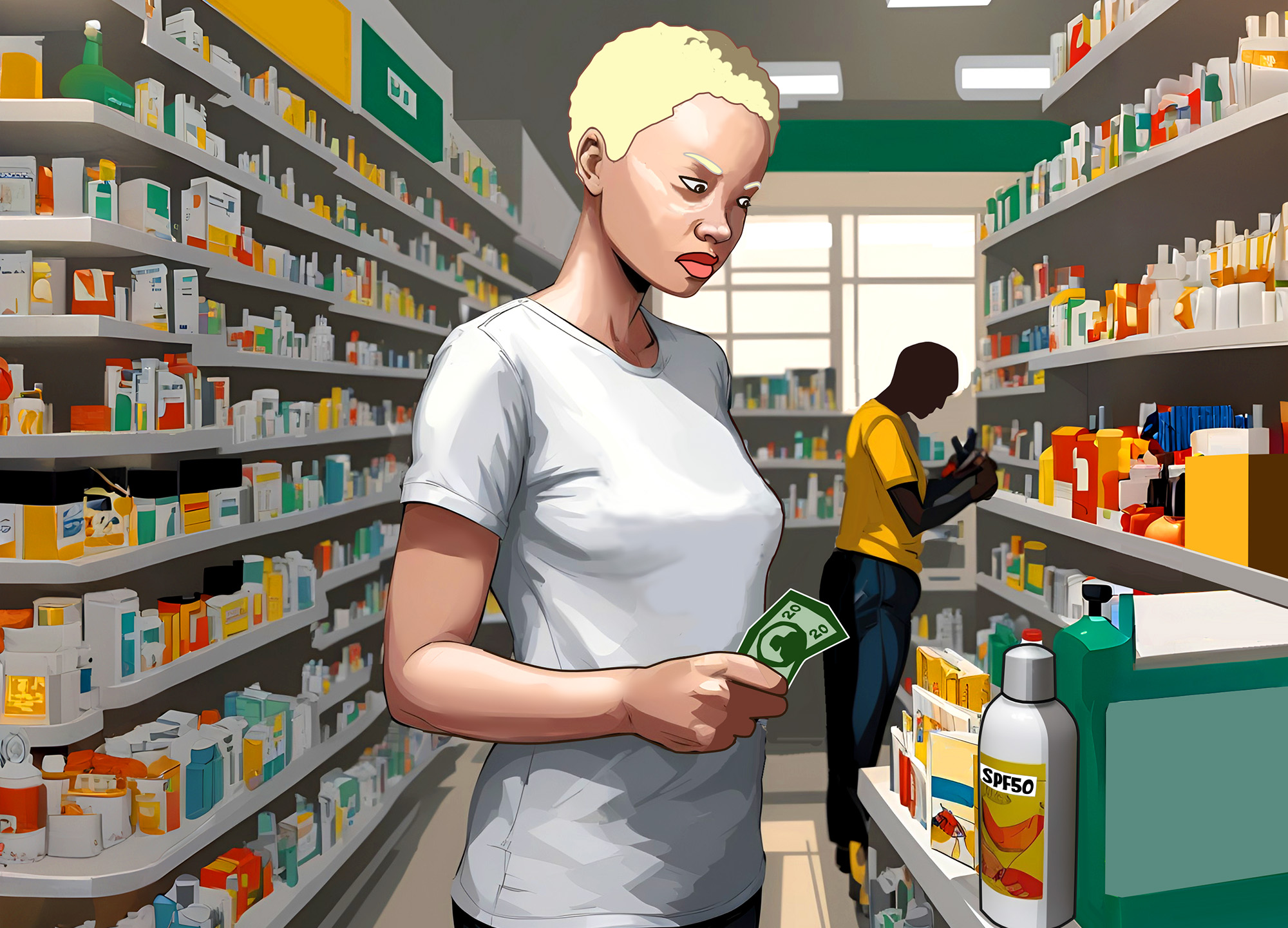 Illustration: In a pharmacy, Nnene holds a currency note and looks sadly at a bottle of SPF50 sunscreen she cannot afford