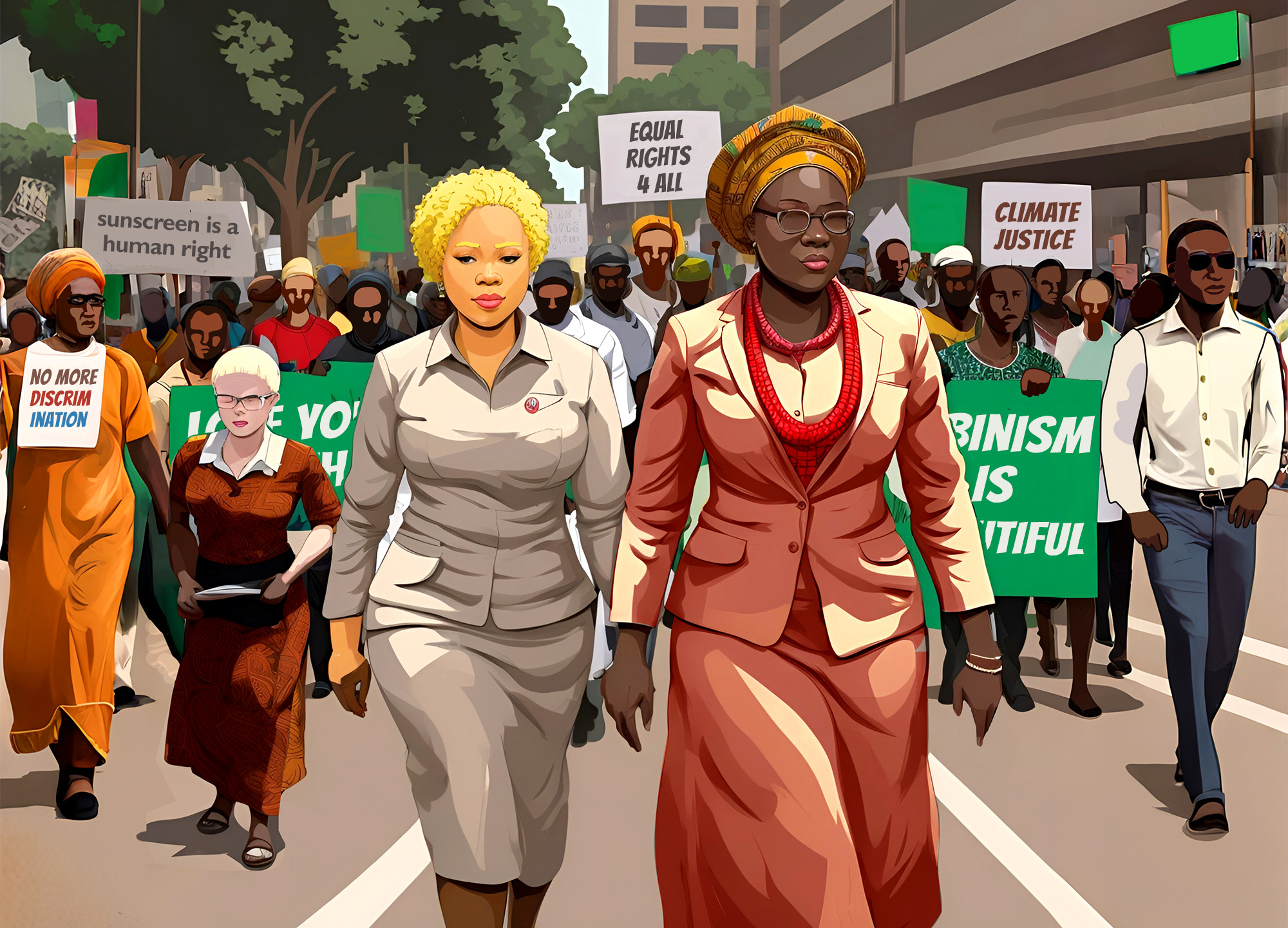 Illustration: Nnene and the First Lady of Akwa Ibom lead a protest march for the rights of persons with albinism