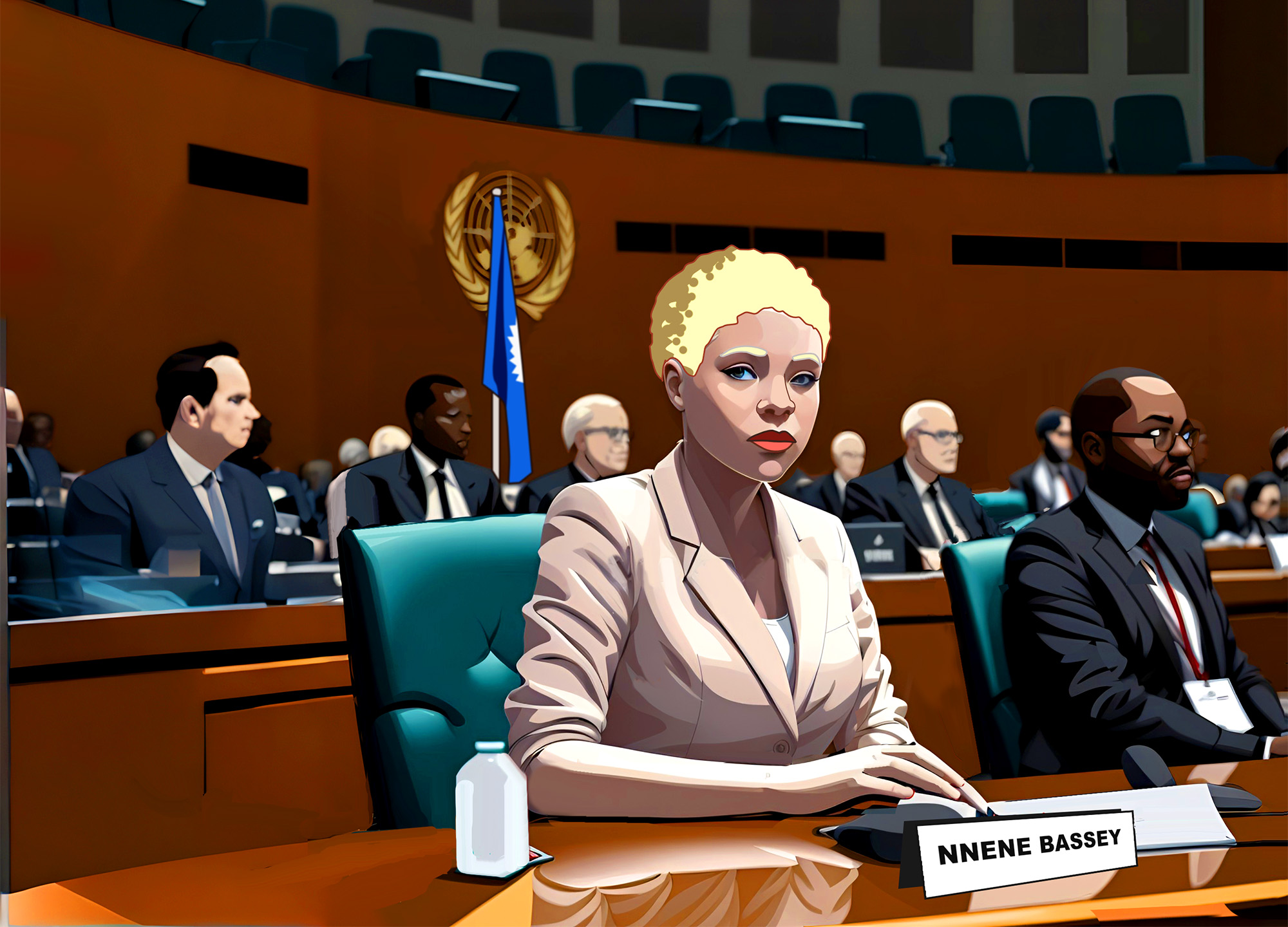 Illustration: Nnene sits at a United Nations conference, representing the rights of persons with albinism