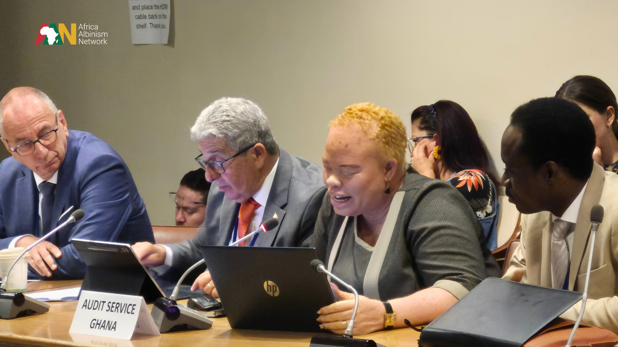 A panel discussion setting where a woman with albinism and short blonde hair sits at a conference table, looking down at a laptop screen while speaking into a microphone. Beside her sits a man in a grey suit and orange tie. In front of them on the table is a nameplate that reads "Audit Service Ghana" and an Africa Albinism Network logo in the top left corner.