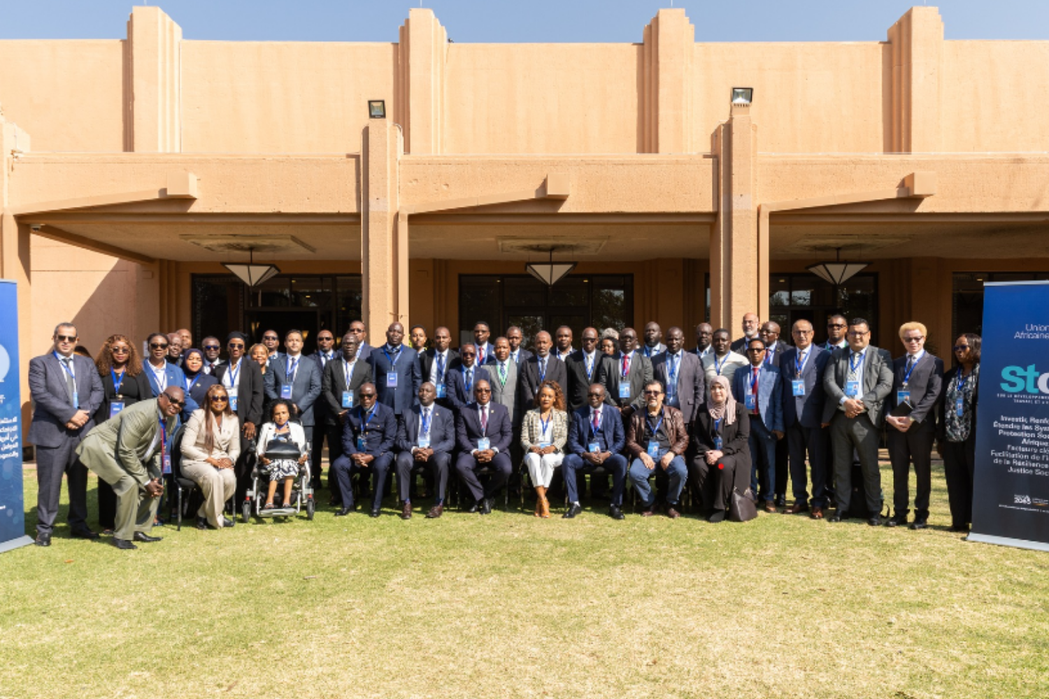 A large group of conference delegates pose together on a green lawn outside a tan building under clear skies. Participants are dressed in formal business attire, with some seated in the front row and others standing in multi-tiered rows behind them. Blue banners for the African Union Specialized Technical Committee (STC) on Social Development, Labour & Employment frame the group on both the left and right sides.